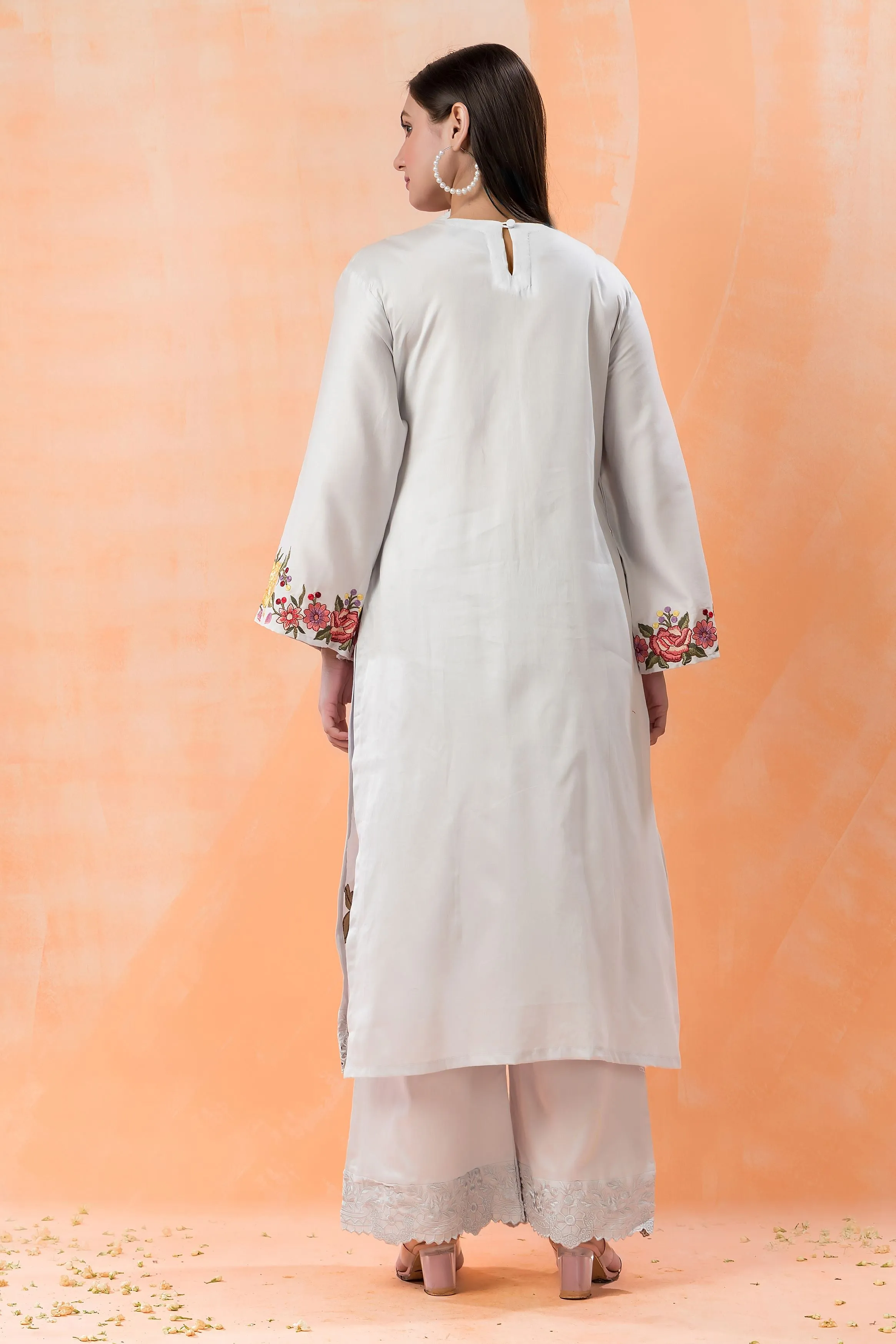 Light Blue Embroidered Cotton Satin Silk Pants Set