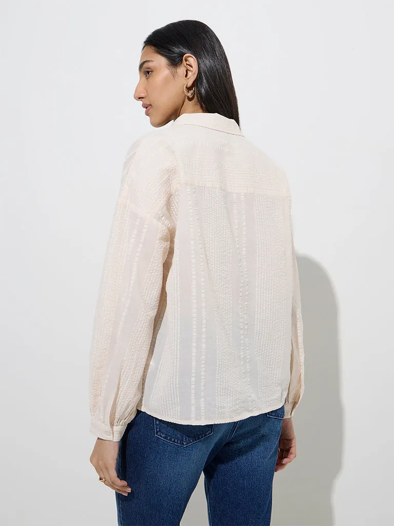 LOV Off-White Seersucker-Striped Cotton Shirt