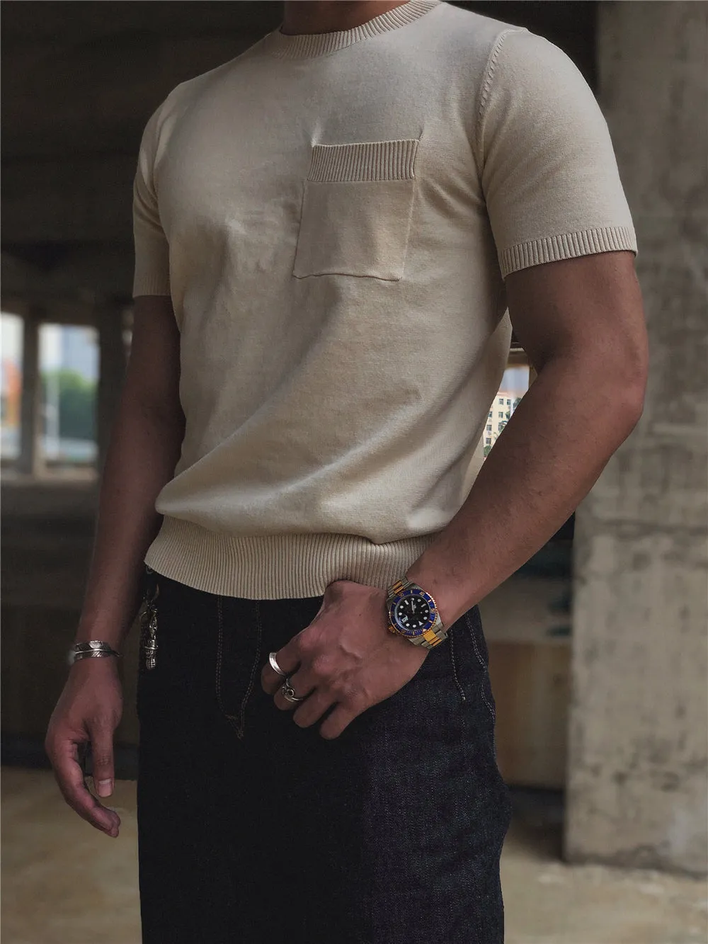 Men's Knitted Pocket T-shirt Short Sleeves