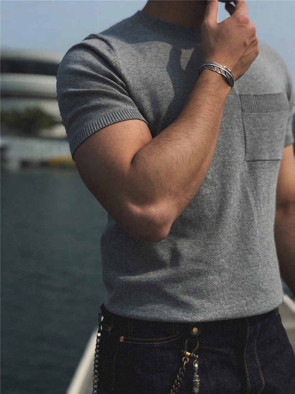 Men's Knitted Pocket T-shirt Short Sleeves