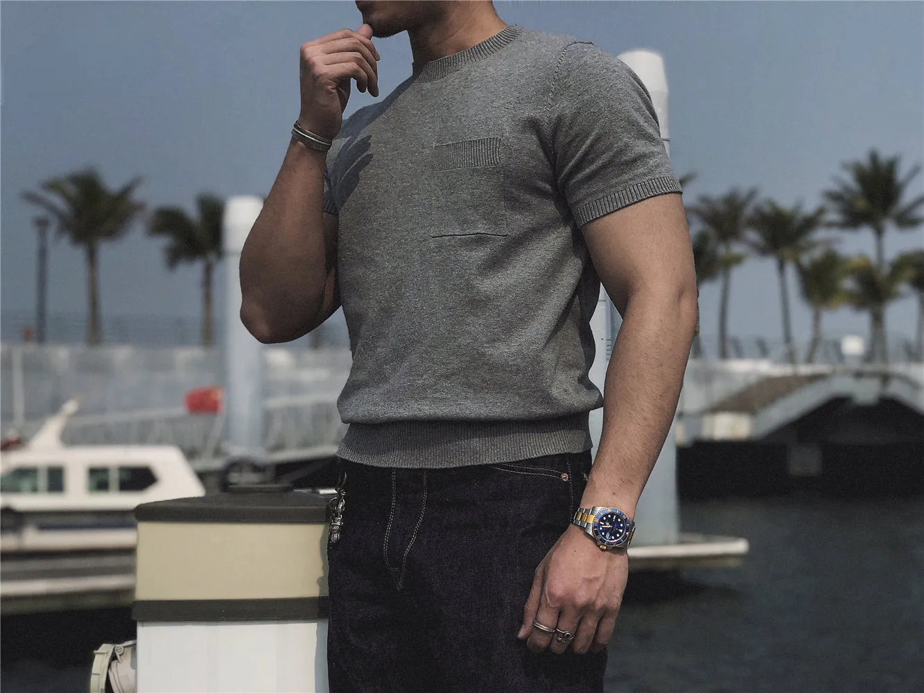 Men's Knitted Pocket T-shirt Short Sleeves