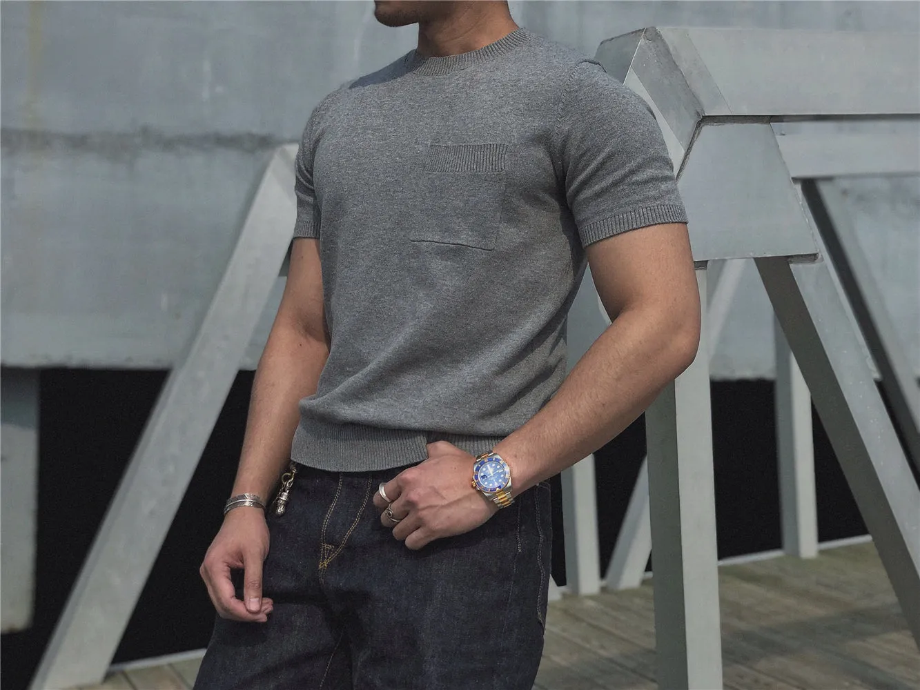 Men's Knitted Pocket T-shirt Short Sleeves