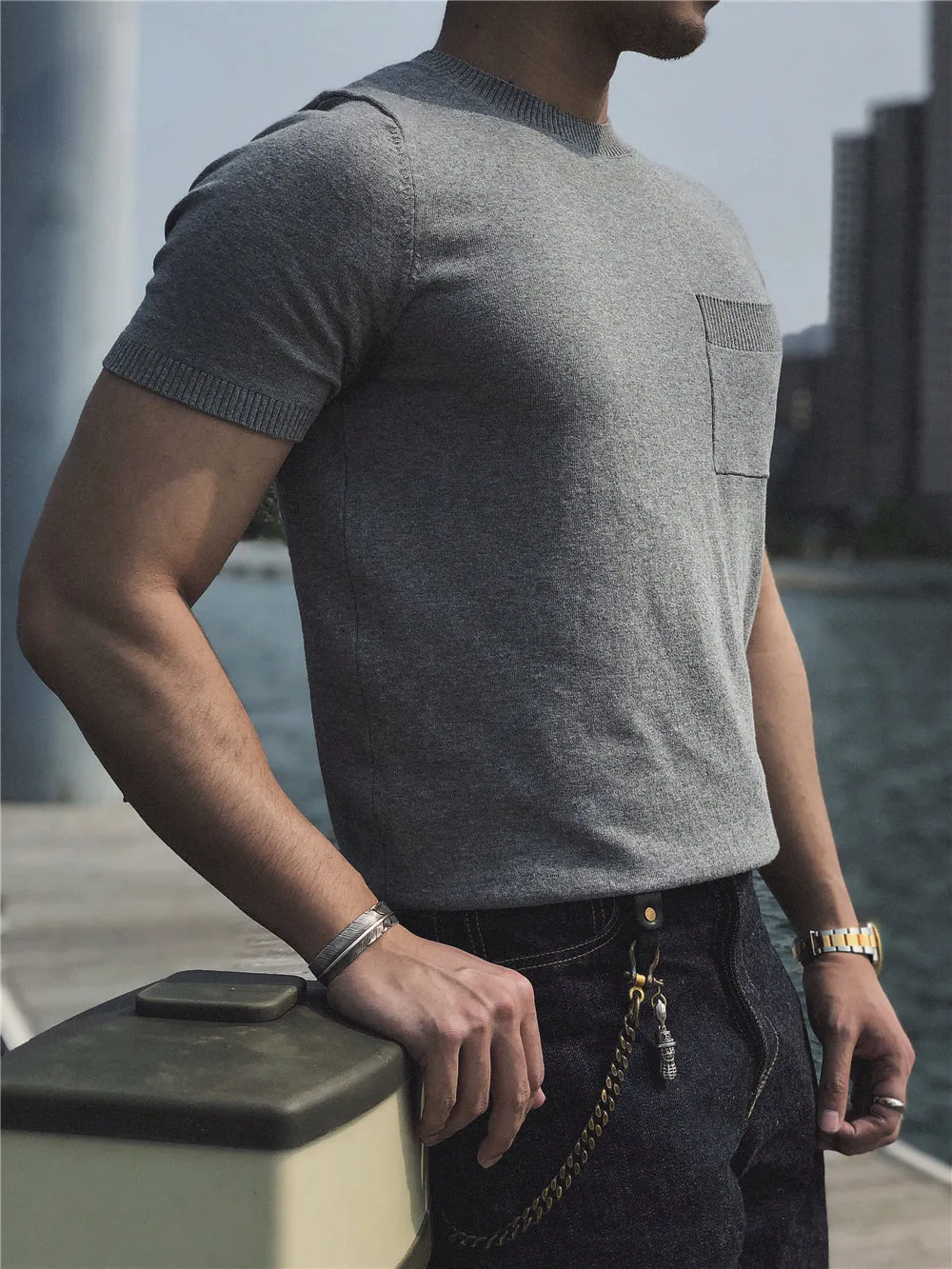 Men's Knitted Pocket T-shirt Short Sleeves