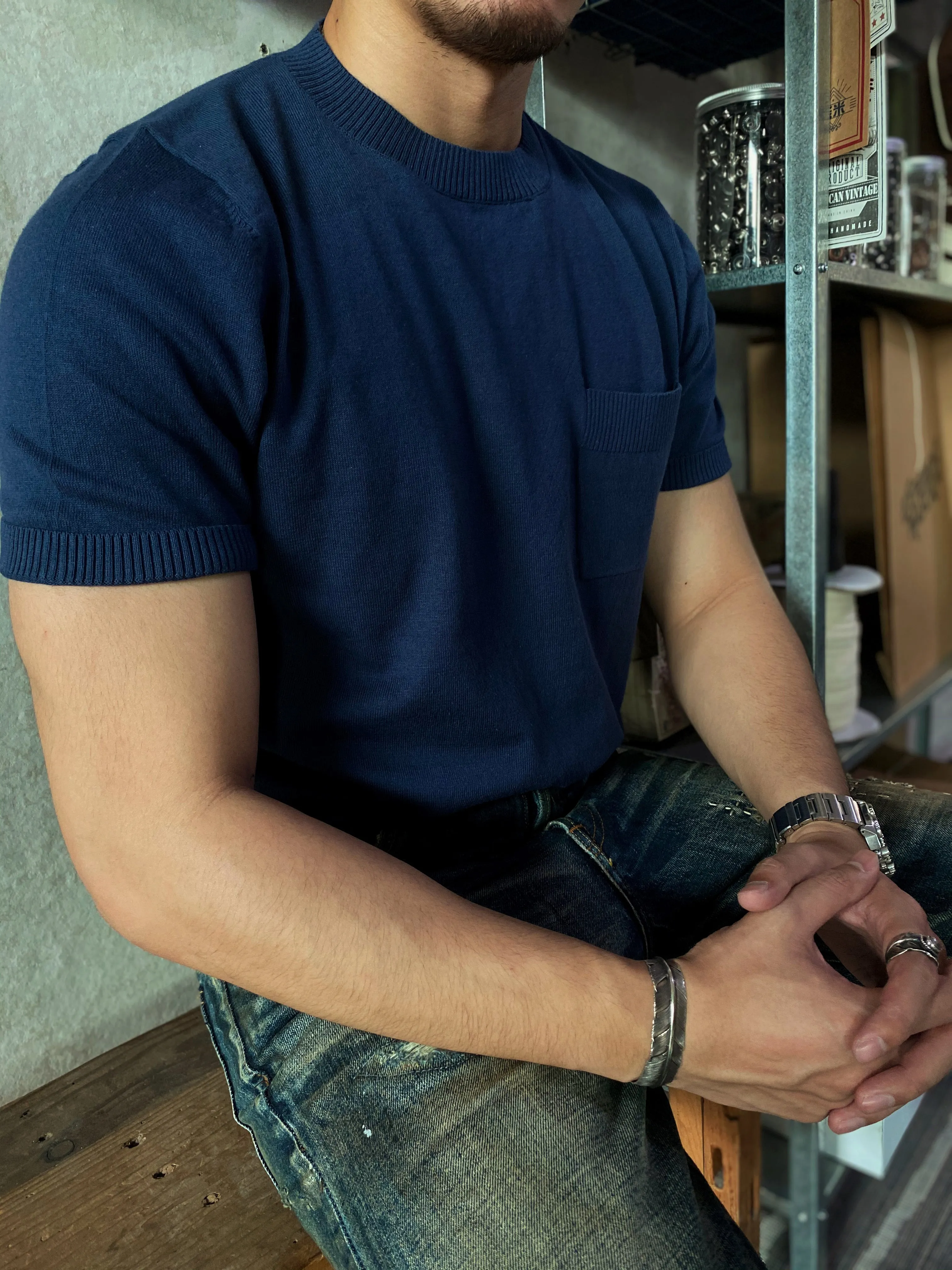 Men's Knitted Pocket T-shirt Short Sleeves