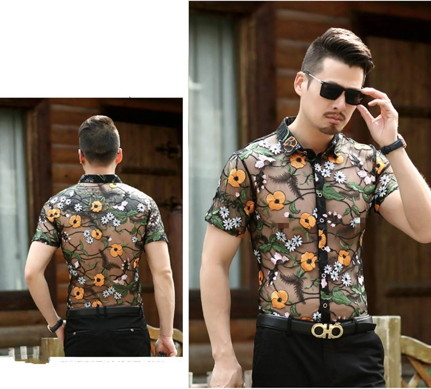 Mens Pattern Short Sleeve Shirts Button Down Slim Fit