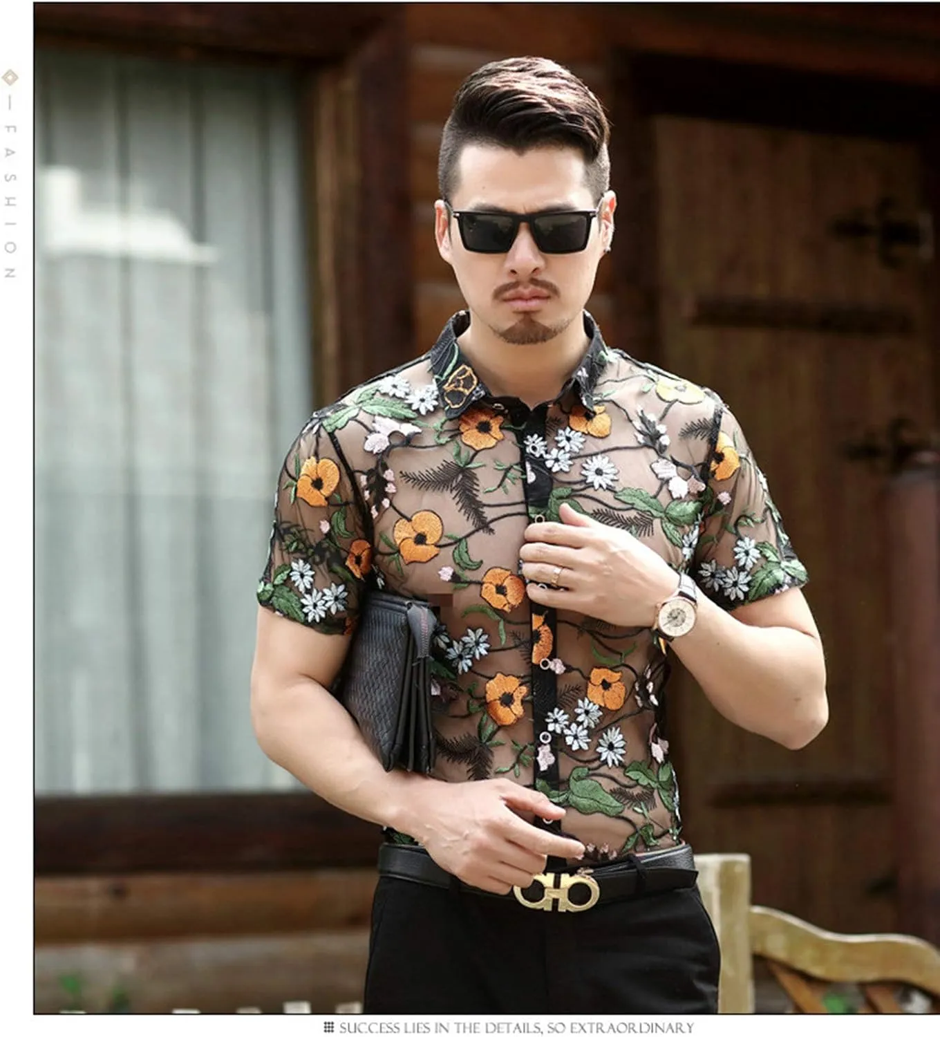 Mens Pattern Short Sleeve Shirts Button Down Slim Fit
