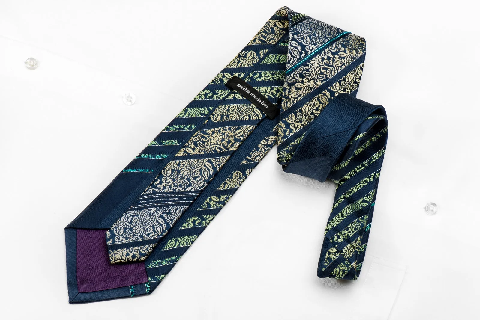 Mila Schon Men's Crystal Silk Tie Yellow Green Anthemion Stripes On Dark Blue With Sparkles