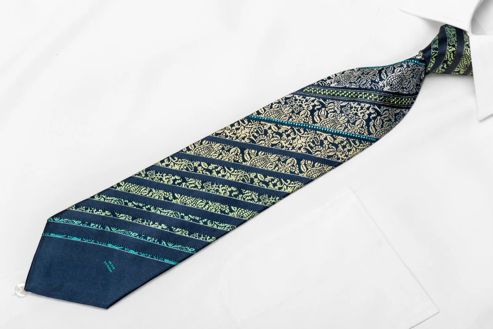 Mila Schon Men's Crystal Silk Tie Yellow Green Anthemion Stripes On Dark Blue With Sparkles