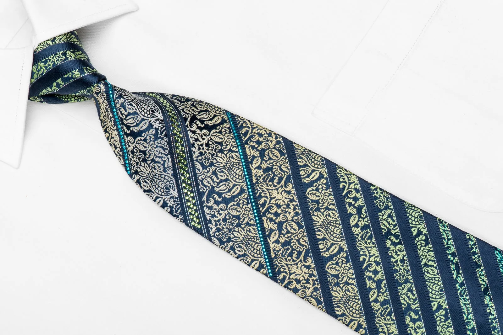 Mila Schon Men's Crystal Silk Tie Yellow Green Anthemion Stripes On Dark Blue With Sparkles