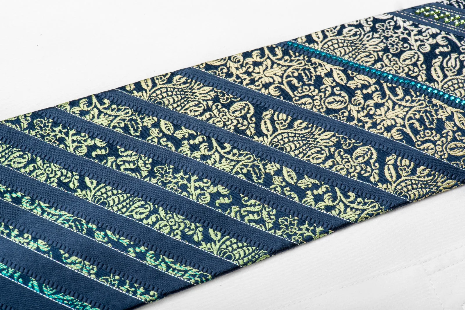 Mila Schon Men's Crystal Silk Tie Yellow Green Anthemion Stripes On Dark Blue With Sparkles