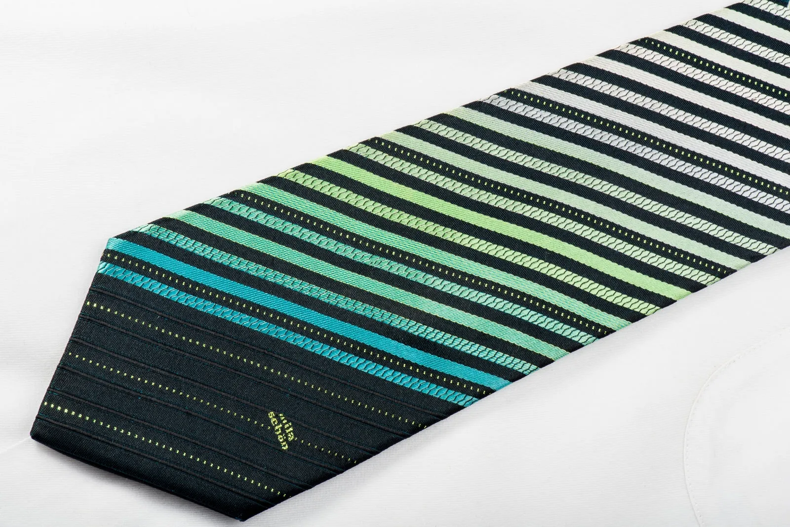 Mila Schon Men's Silk Necktie Green Silver Striped On Black