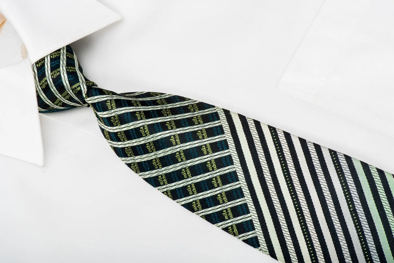 Mila Schon Men's Silk Necktie Green Silver Striped On Black
