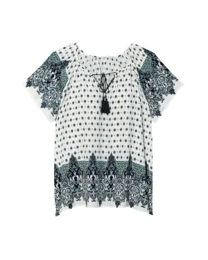 Mila Short Sleeve TIe Neck Peasant Blouse | White / Azure Blue