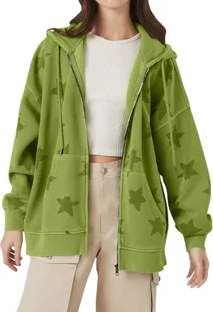 MISSACTIVER Women Star Graphic Zip Up Hoodies Y2k Drawstring Star Print Sweatshirt Oversized Jackets with Slant Front Pocket