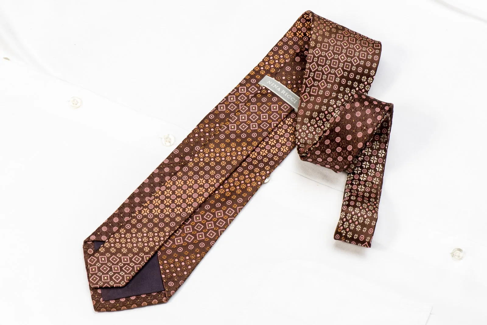 Nina Ricci Men's Silk Necktie Geometric On Brown With Gold Sparkles