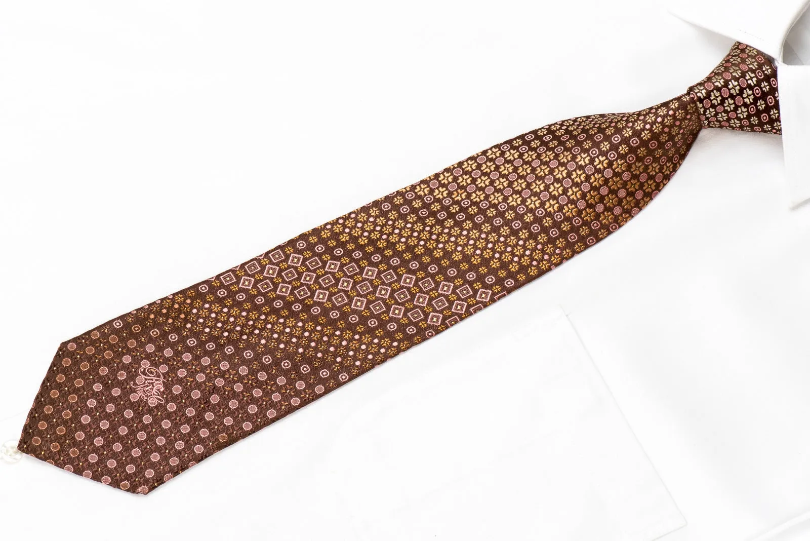 Nina Ricci Men's Silk Necktie Geometric On Brown With Gold Sparkles