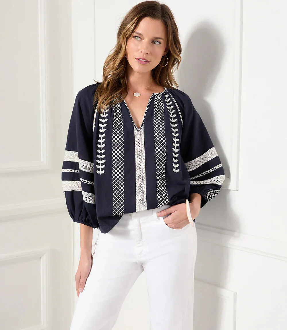 NORA NAVY AND WHITE EMBROIDERED PEASANT TOP 1L67160