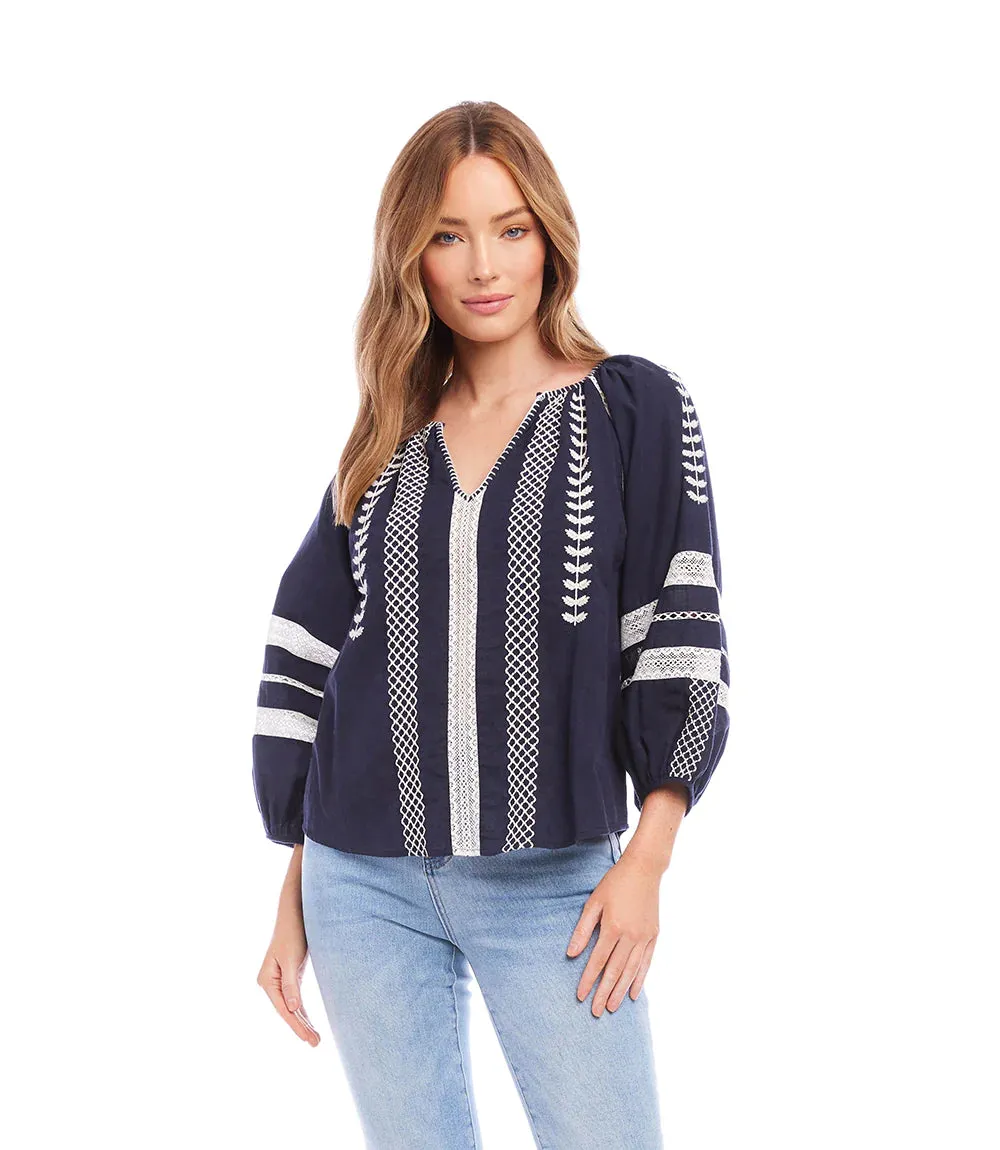 NORA NAVY AND WHITE EMBROIDERED PEASANT TOP 1L67160