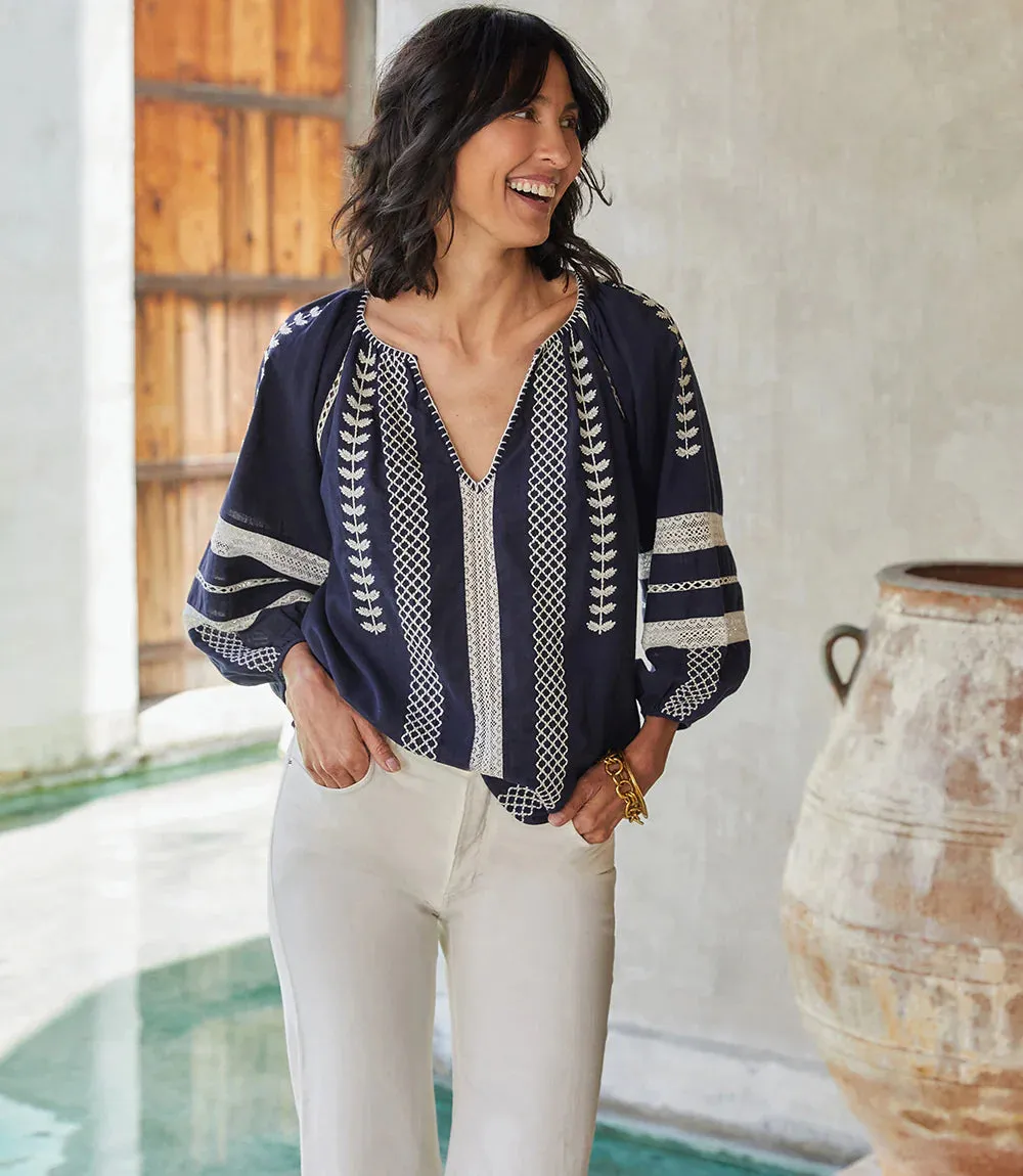 NORA NAVY AND WHITE EMBROIDERED PEASANT TOP 1L67160