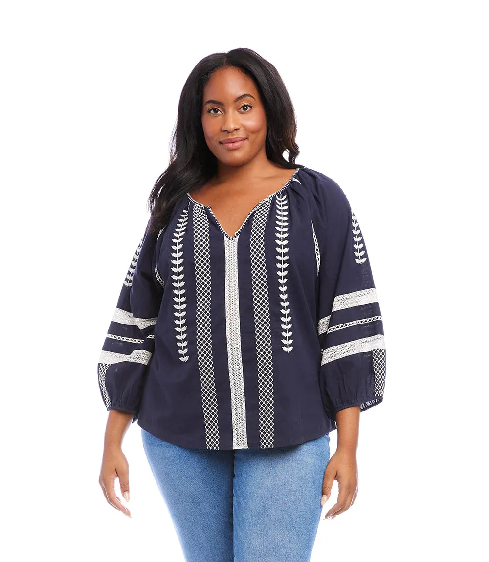 NORA NAVY AND WHITE EMBROIDERED PEASANT TOP 1L67160