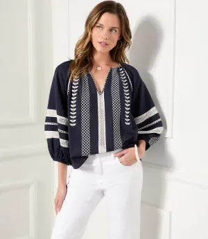 NORA NAVY AND WHITE EMBROIDERED PEASANT TOP 1L67160