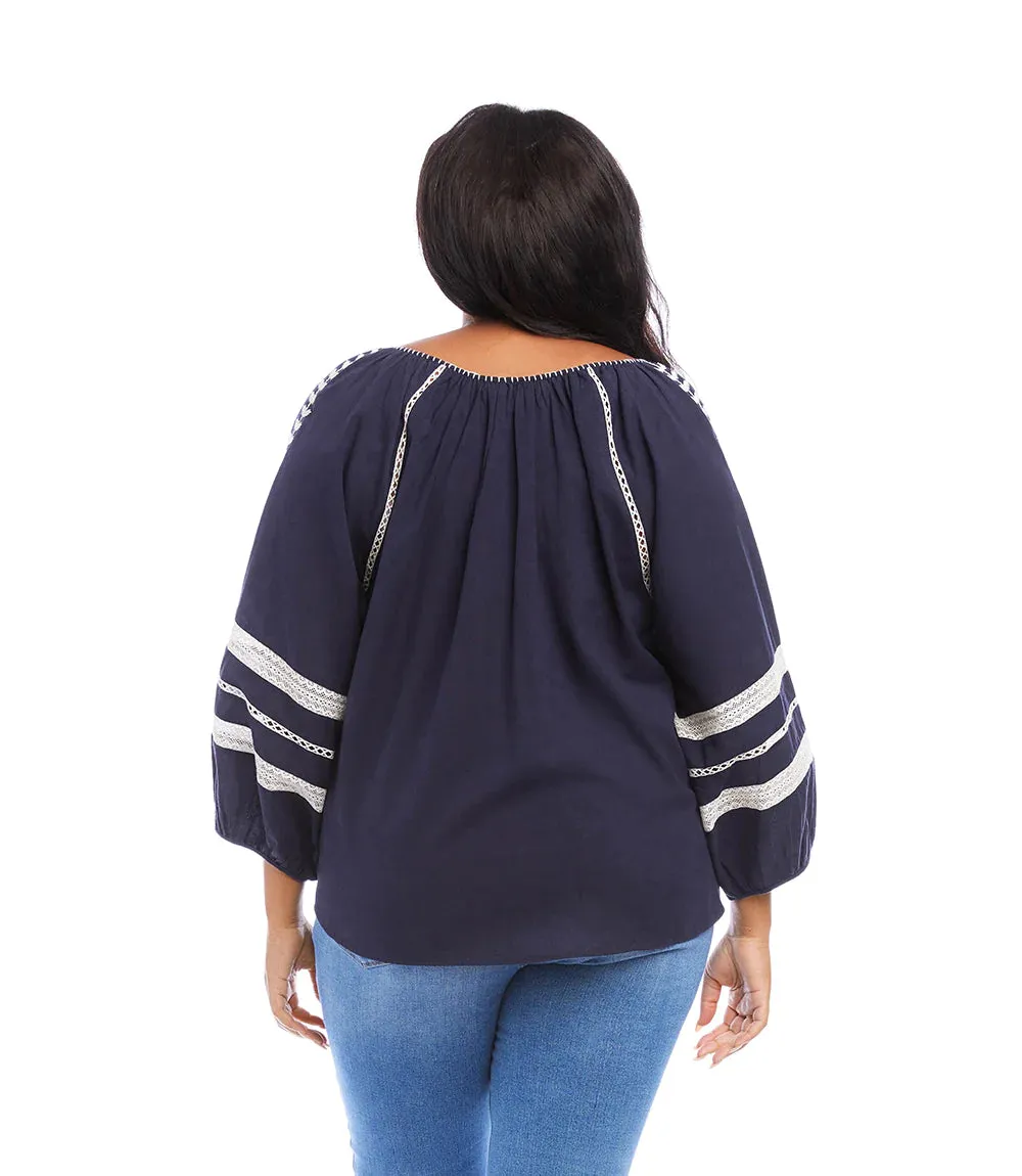 NORA NAVY AND WHITE EMBROIDERED PEASANT TOP 1L67160