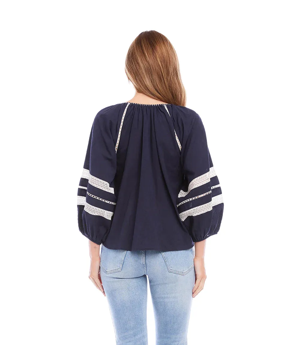 NORA NAVY AND WHITE EMBROIDERED PEASANT TOP 1L67160