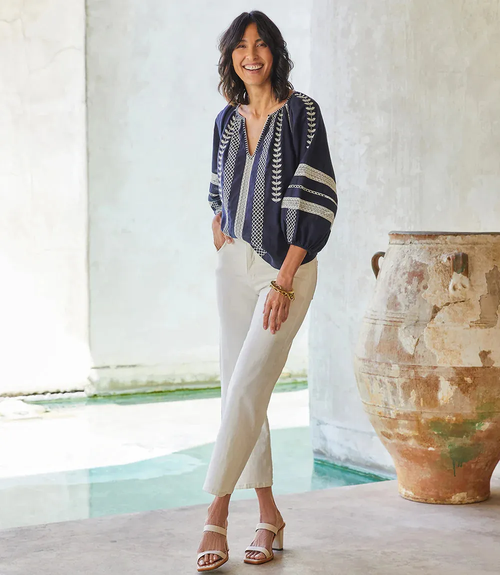 NORA NAVY AND WHITE EMBROIDERED PEASANT TOP 1L67160