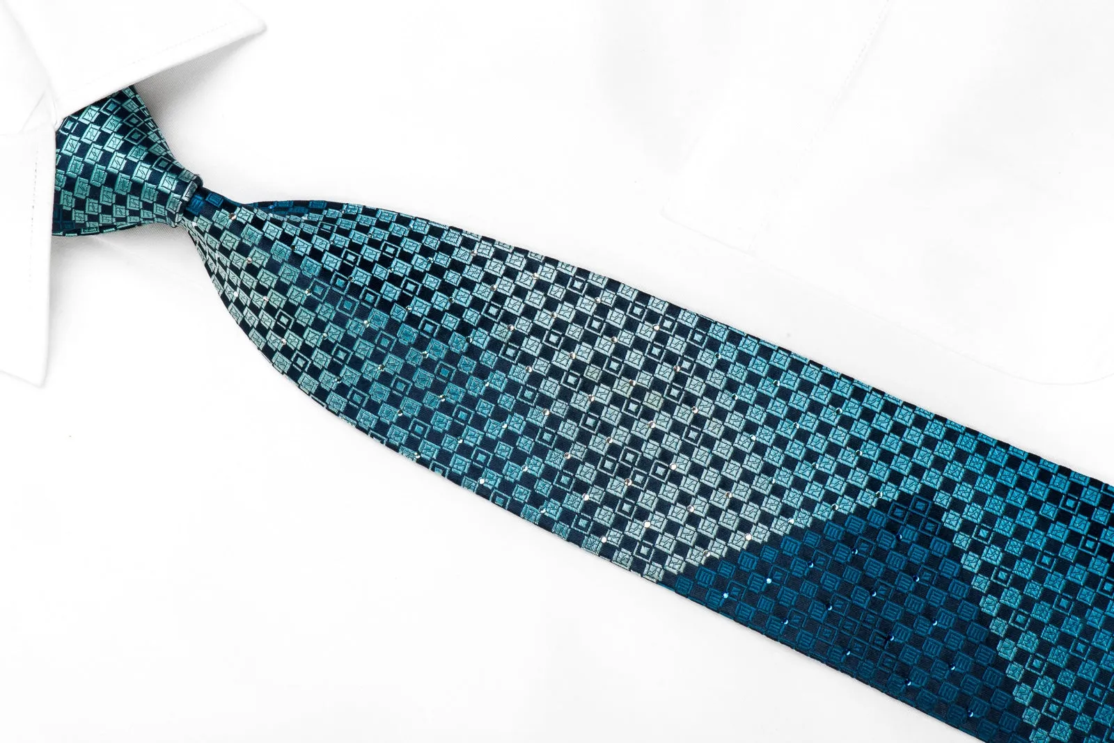 Perry Ellis Men's Silk Necktie Checkered On Blue Sparkling With Crystal Rhinestones