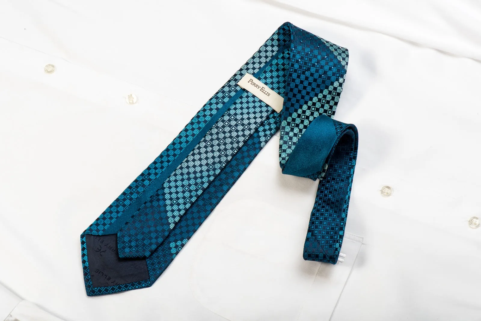 Perry Ellis Men's Silk Necktie Checkered On Blue Sparkling With Crystal Rhinestones