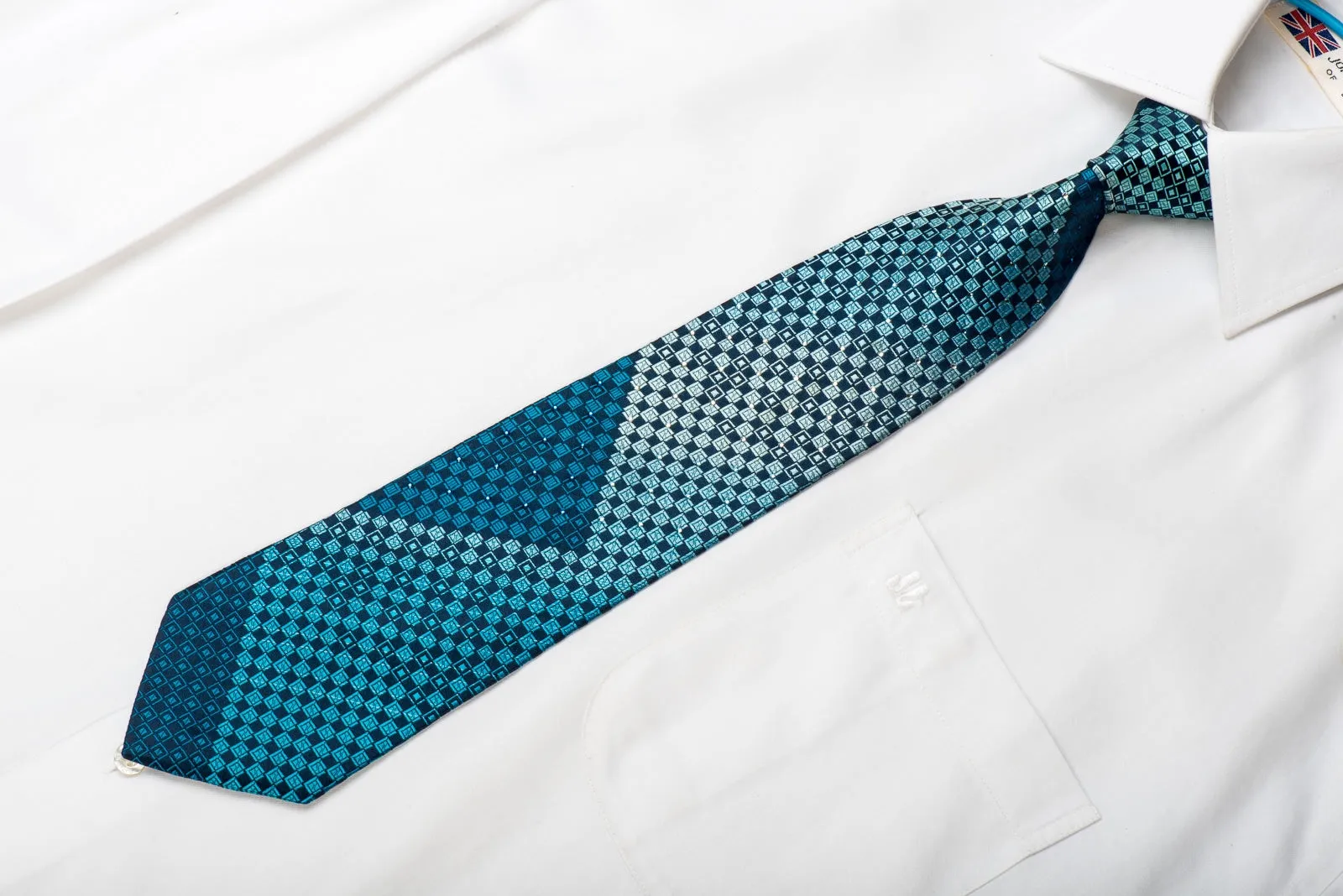 Perry Ellis Men's Silk Necktie Checkered On Blue Sparkling With Crystal Rhinestones