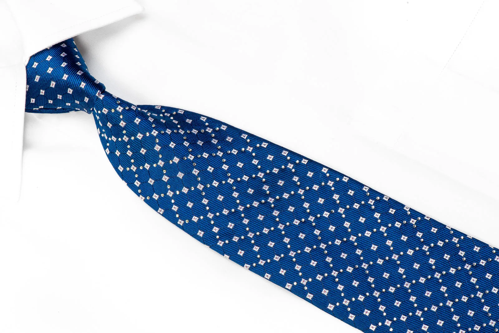 Pierre Cardin Rhinestone Tie Silver Squares On Blue With Red Sparkles