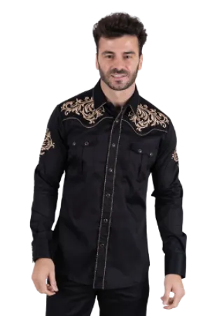 Platini Men's Cotton Black Embroidery Western Shirt