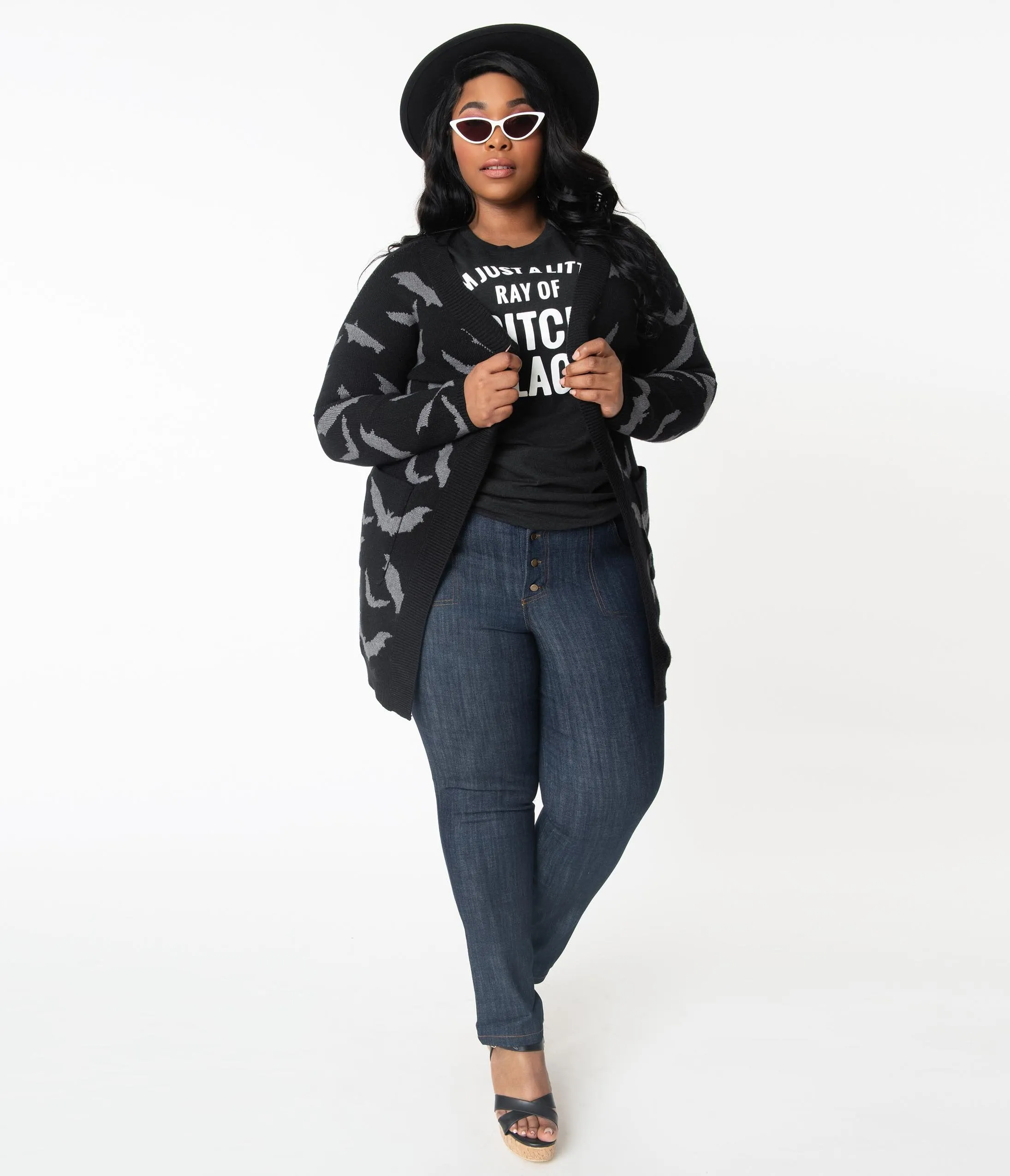 Plus Size Black & Grey Bats Open Long Cardigan