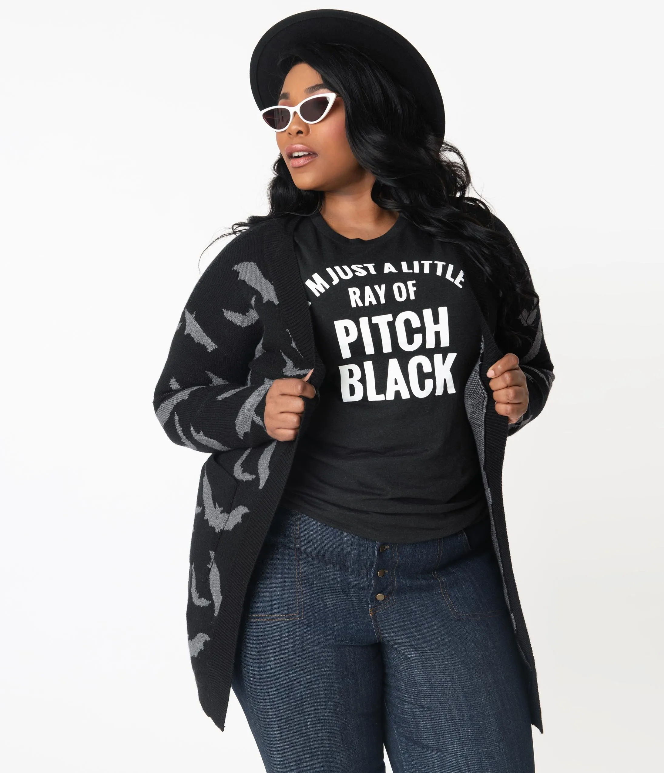 Plus Size Black & Grey Bats Open Long Cardigan