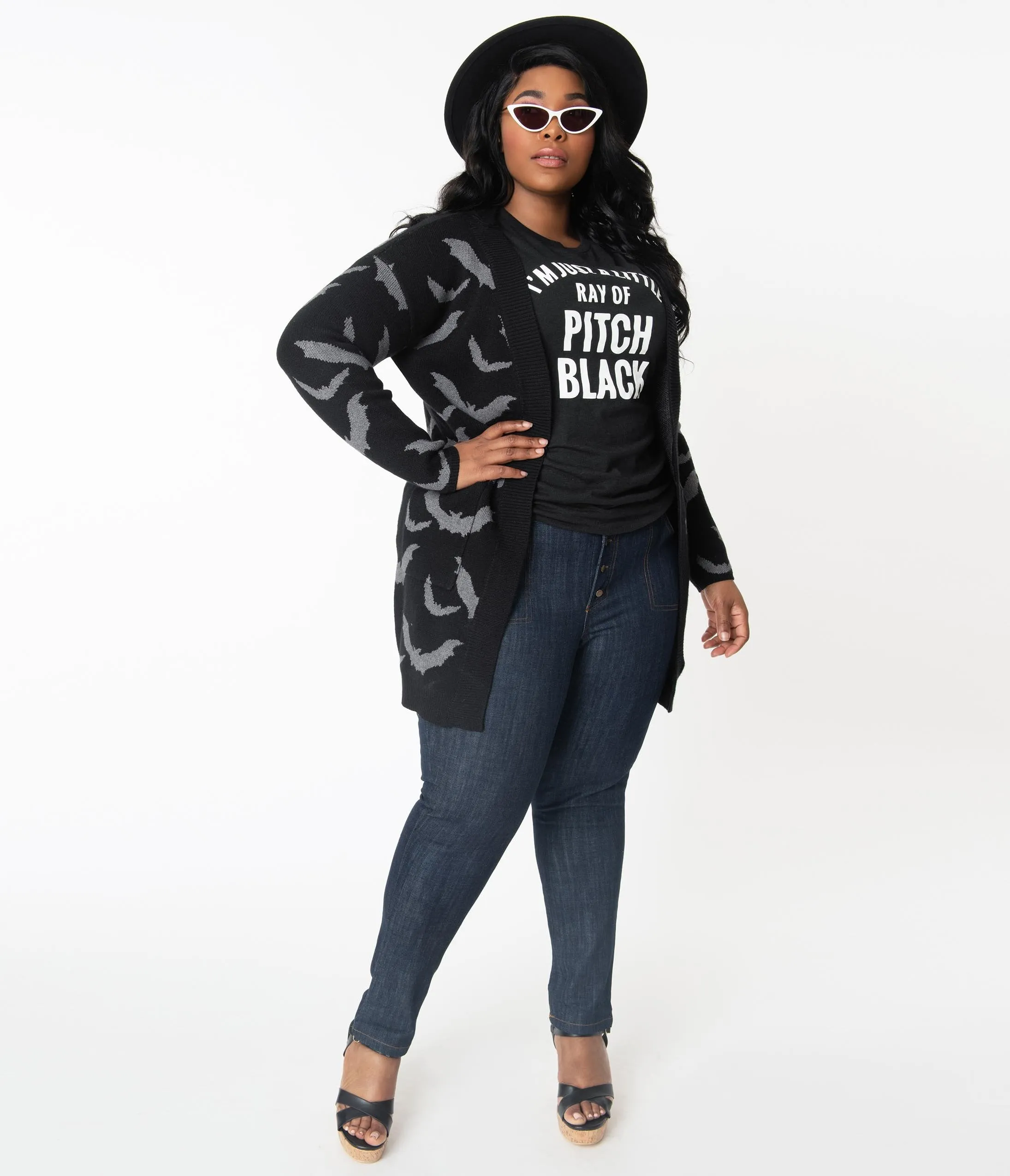 Plus Size Black & Grey Bats Open Long Cardigan