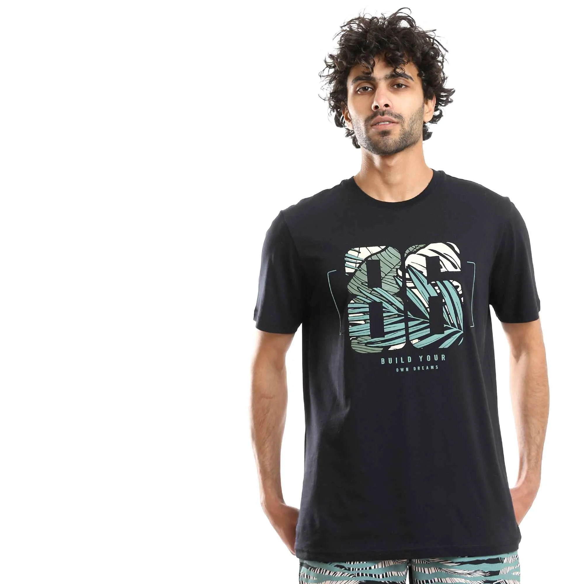 Printed Comfy T-Shirt & Palm Leaves Shorts Pajama Set - Black & Olive