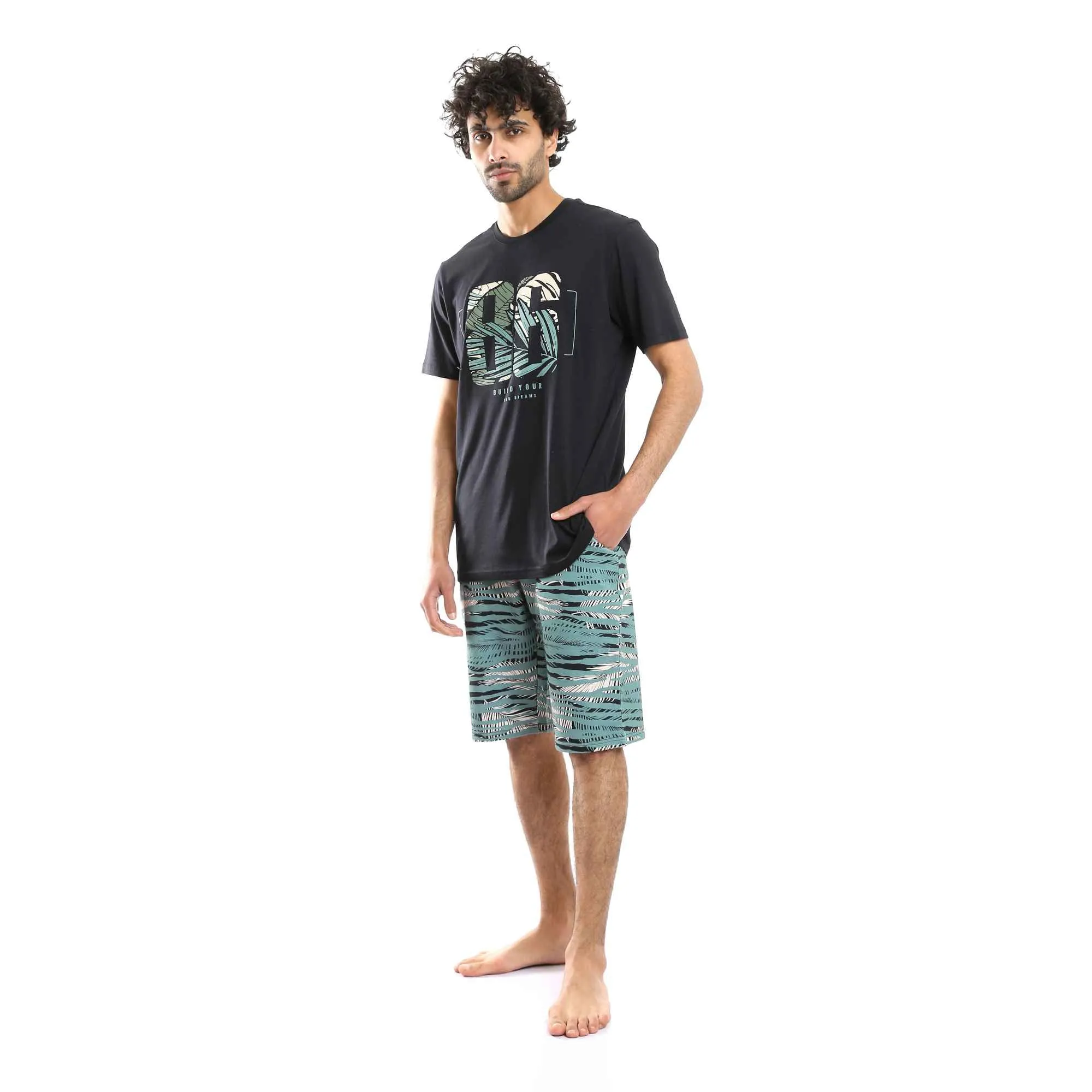Printed Comfy T-Shirt & Palm Leaves Shorts Pajama Set - Black & Olive