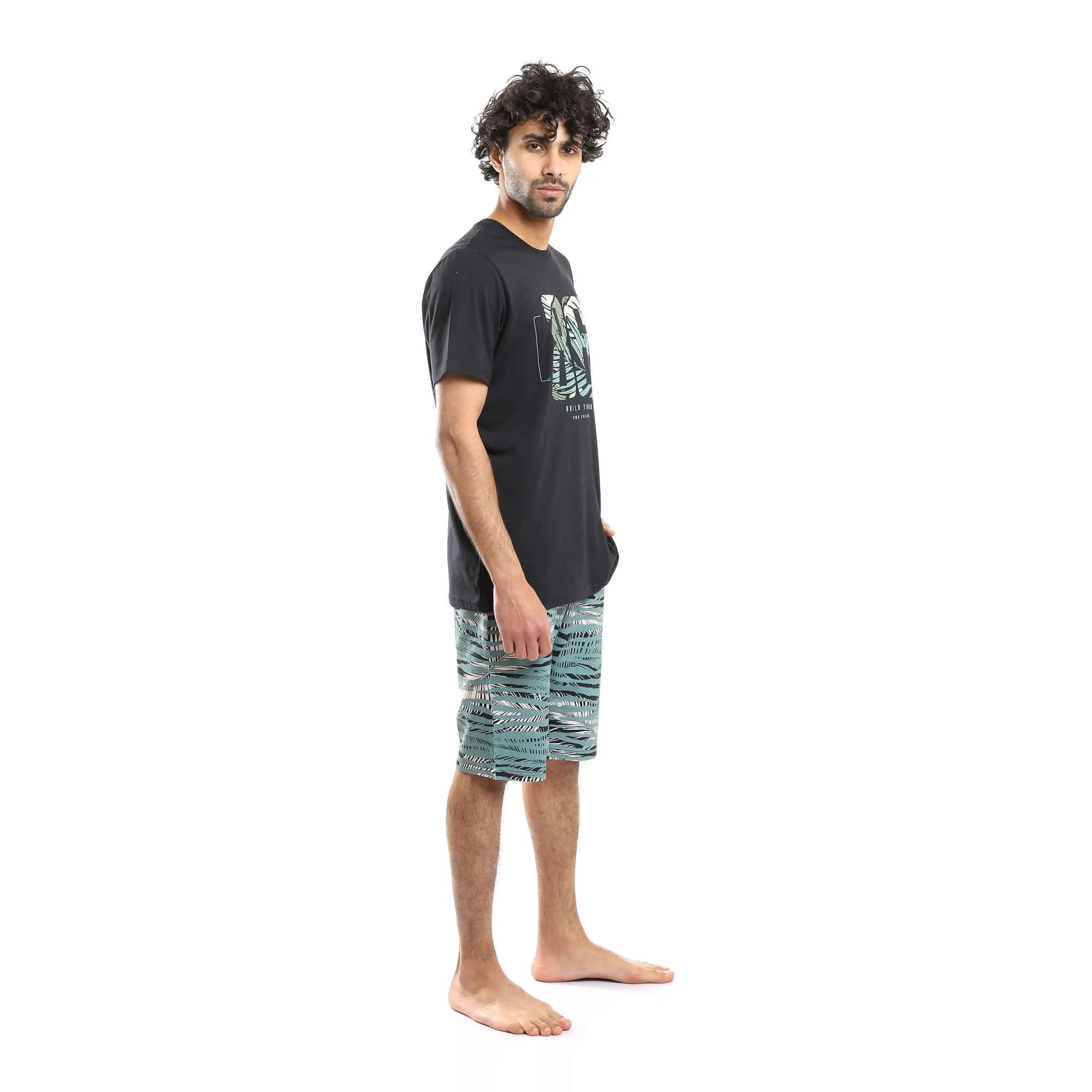 Printed Comfy T-Shirt & Palm Leaves Shorts Pajama Set - Black & Olive