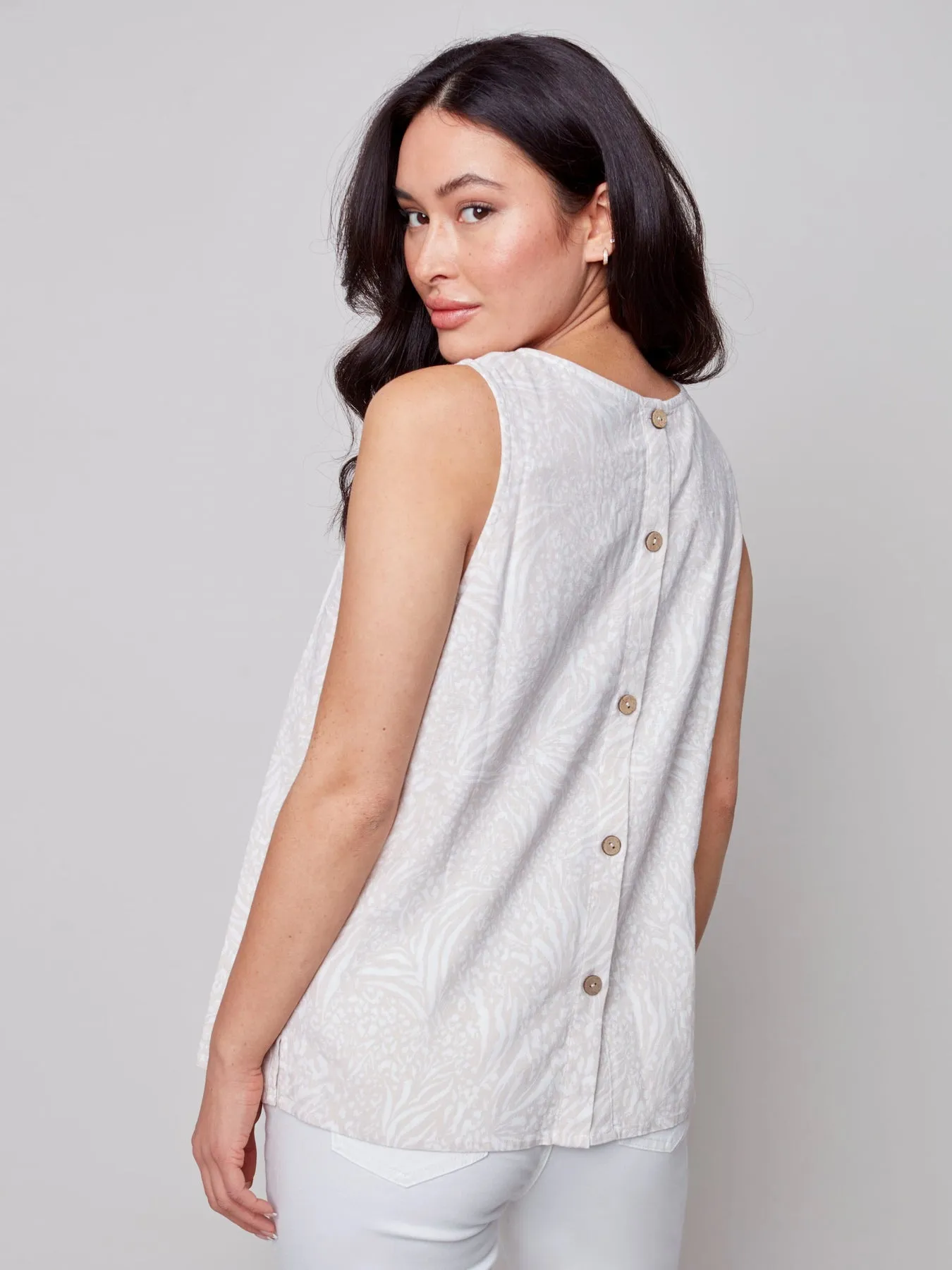 Printed Linen Top with Back Buttons