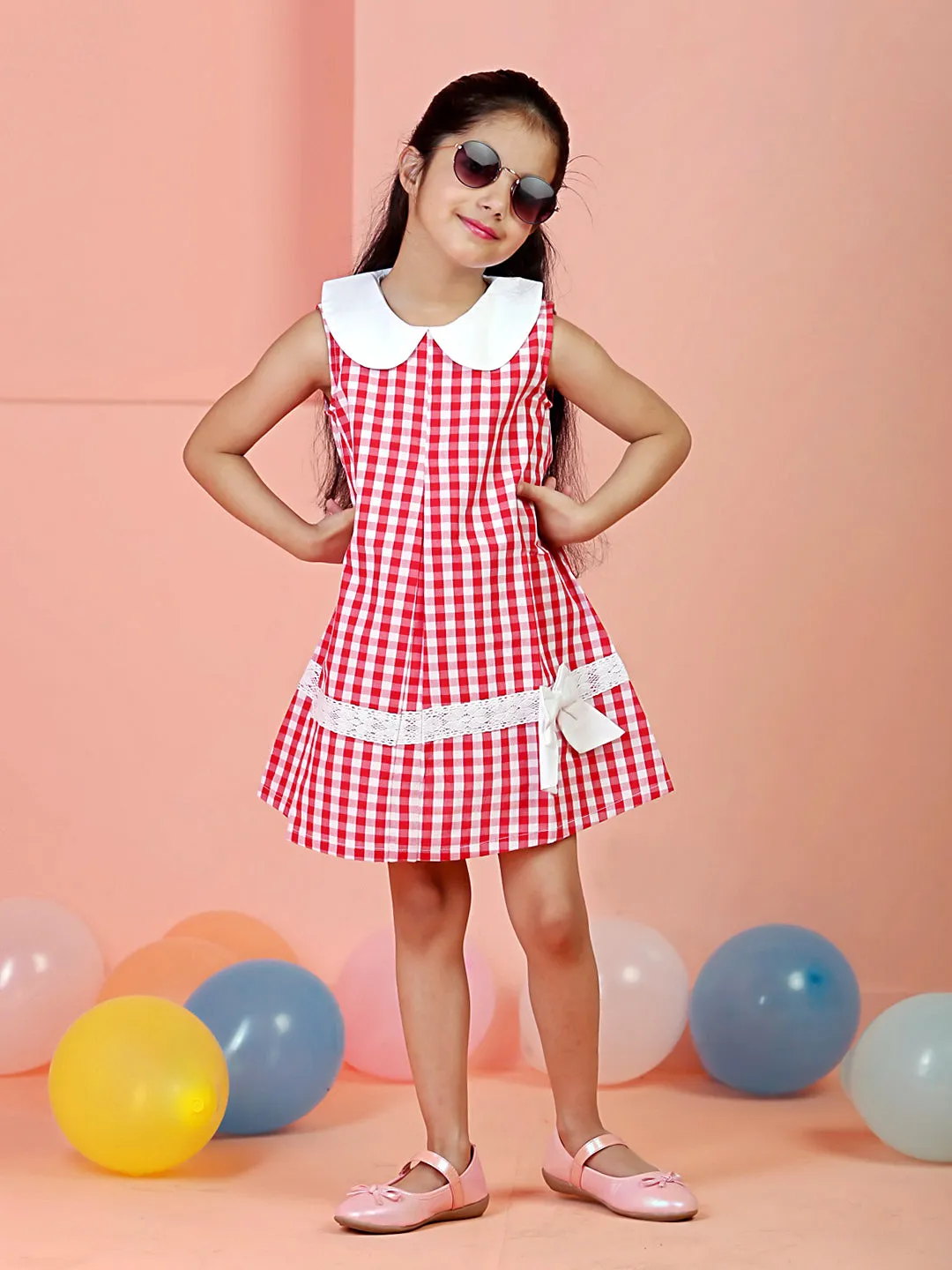 Red Checkered Girls Casual Dress