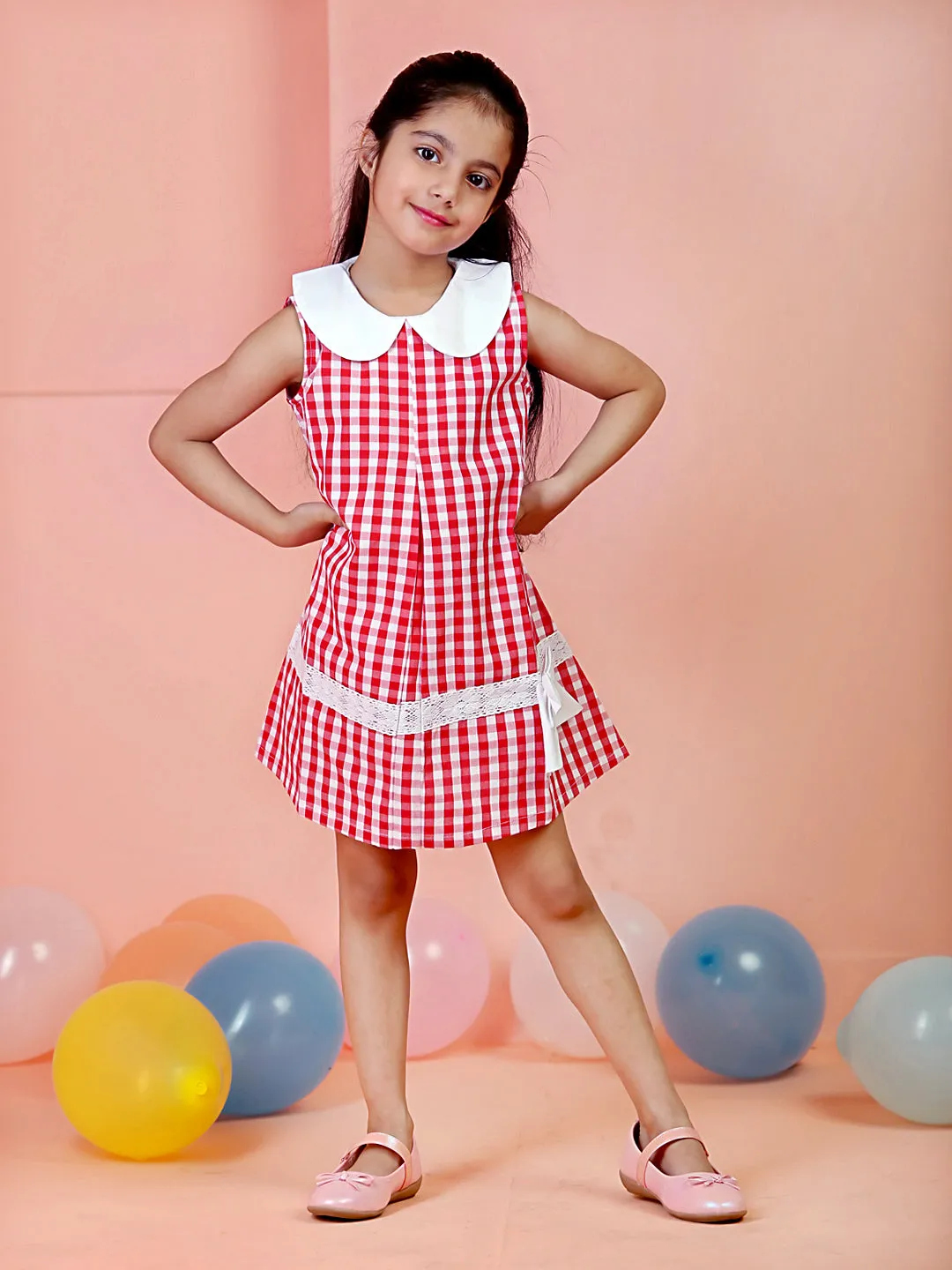 Red Checkered Girls Casual Dress