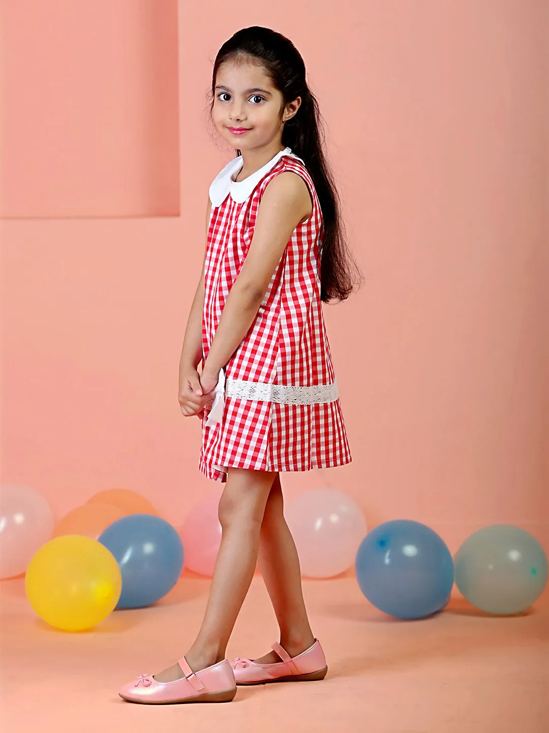 Red Checkered Girls Casual Dress