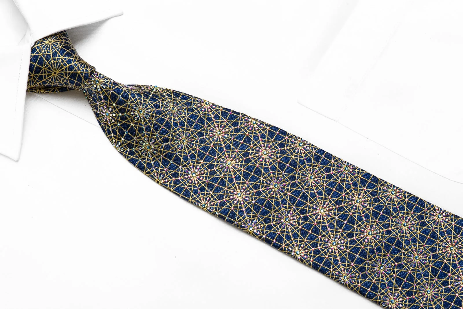 Renoma Men's Crystal Silk Tie Yellow Trellis On Blue Sparkling With Rhinestones