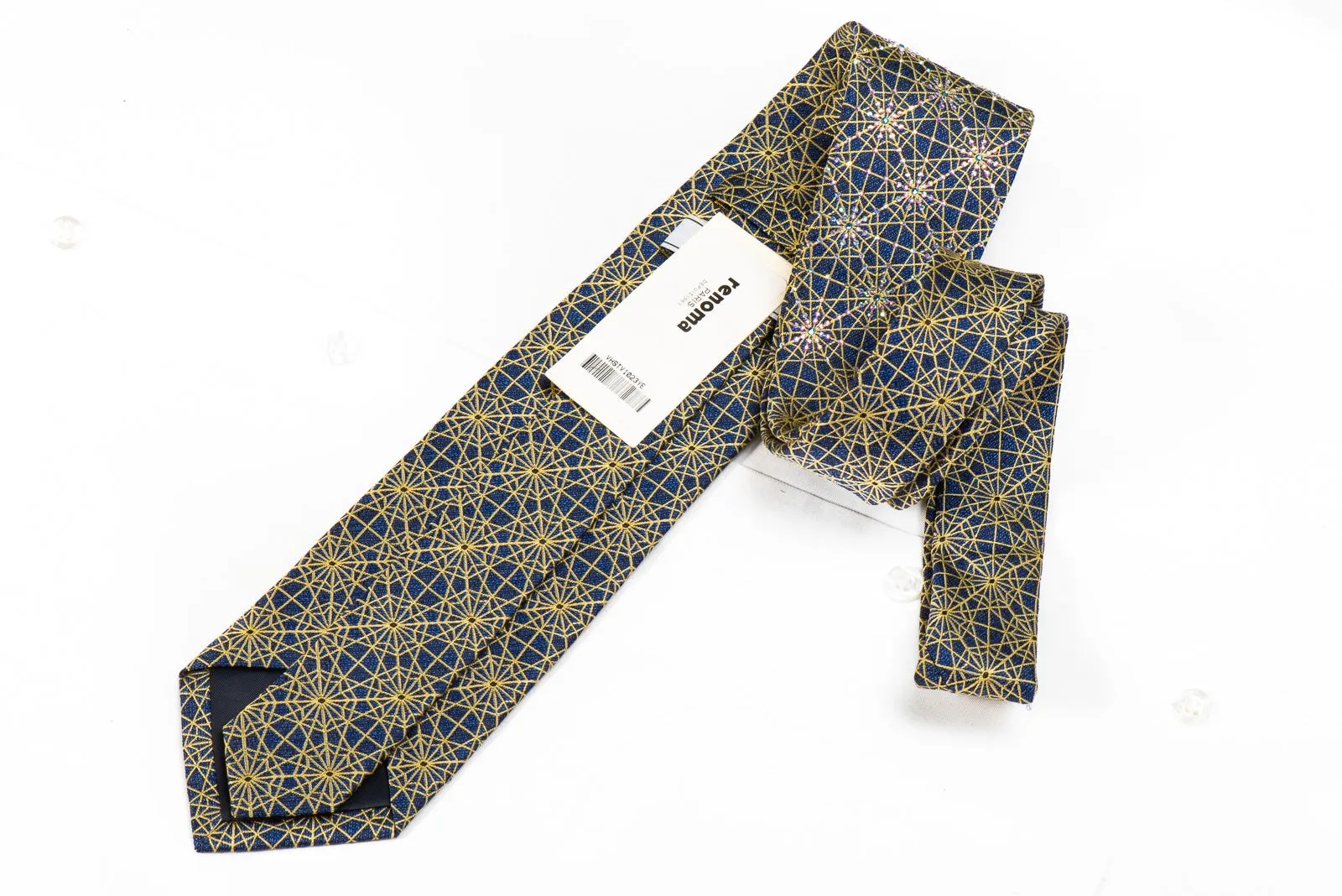 Renoma Men's Crystal Silk Tie Yellow Trellis On Blue Sparkling With Rhinestones