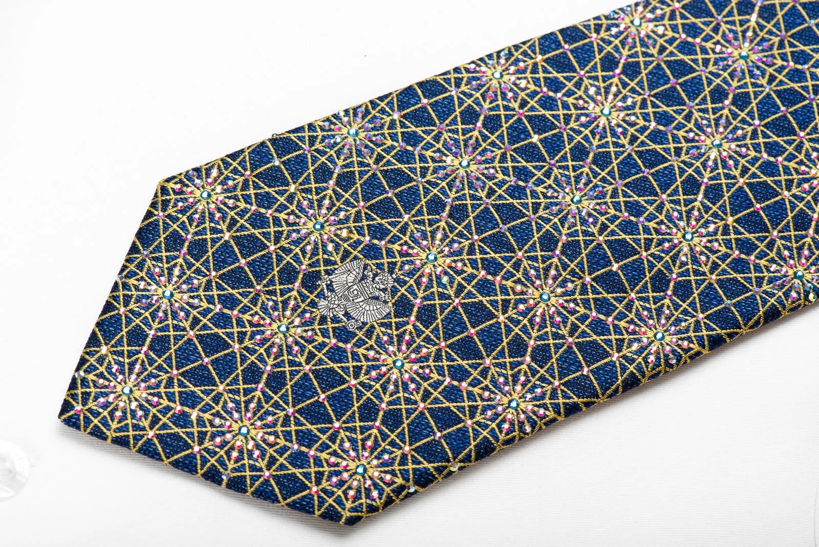 Renoma Men's Crystal Silk Tie Yellow Trellis On Blue Sparkling With Rhinestones