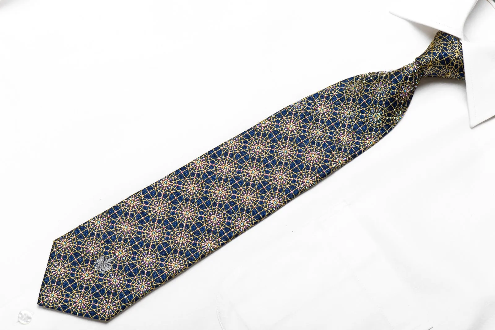 Renoma Men's Crystal Silk Tie Yellow Trellis On Blue Sparkling With Rhinestones