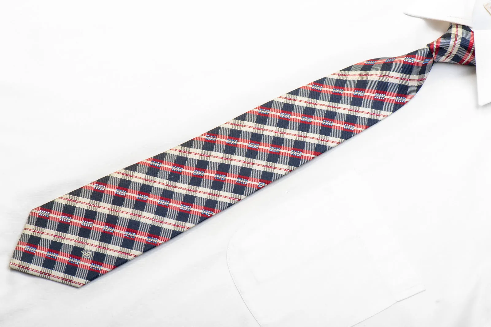 Renoma Men's Silk Necktie Red Blue White Plaid With Silver Sparkles
