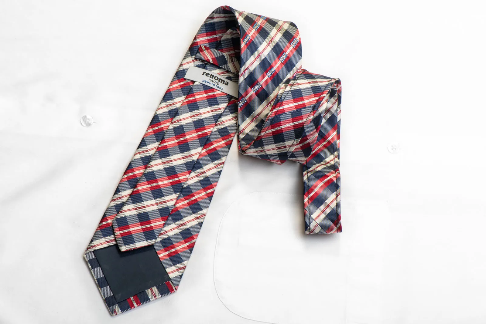 Renoma Men's Silk Necktie Red Blue White Plaid With Silver Sparkles