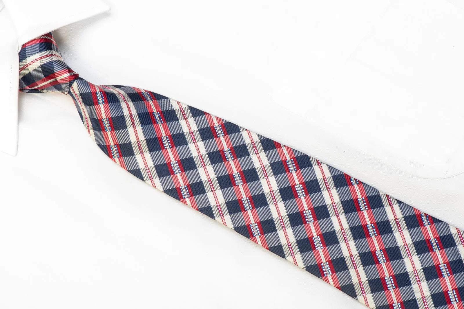 Renoma Men's Silk Necktie Red Blue White Plaid With Silver Sparkles